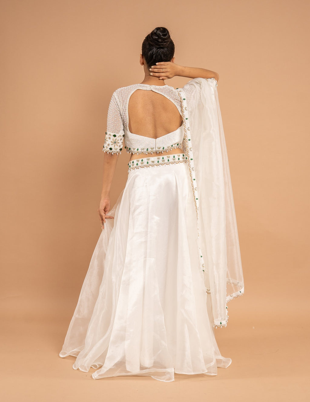 Ivory lehenga with pearl and emerald cape blouse – Organza silk