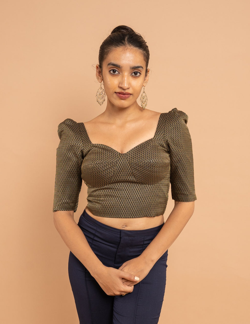 Olive gold brocade puff-sleeve blouse – Silk