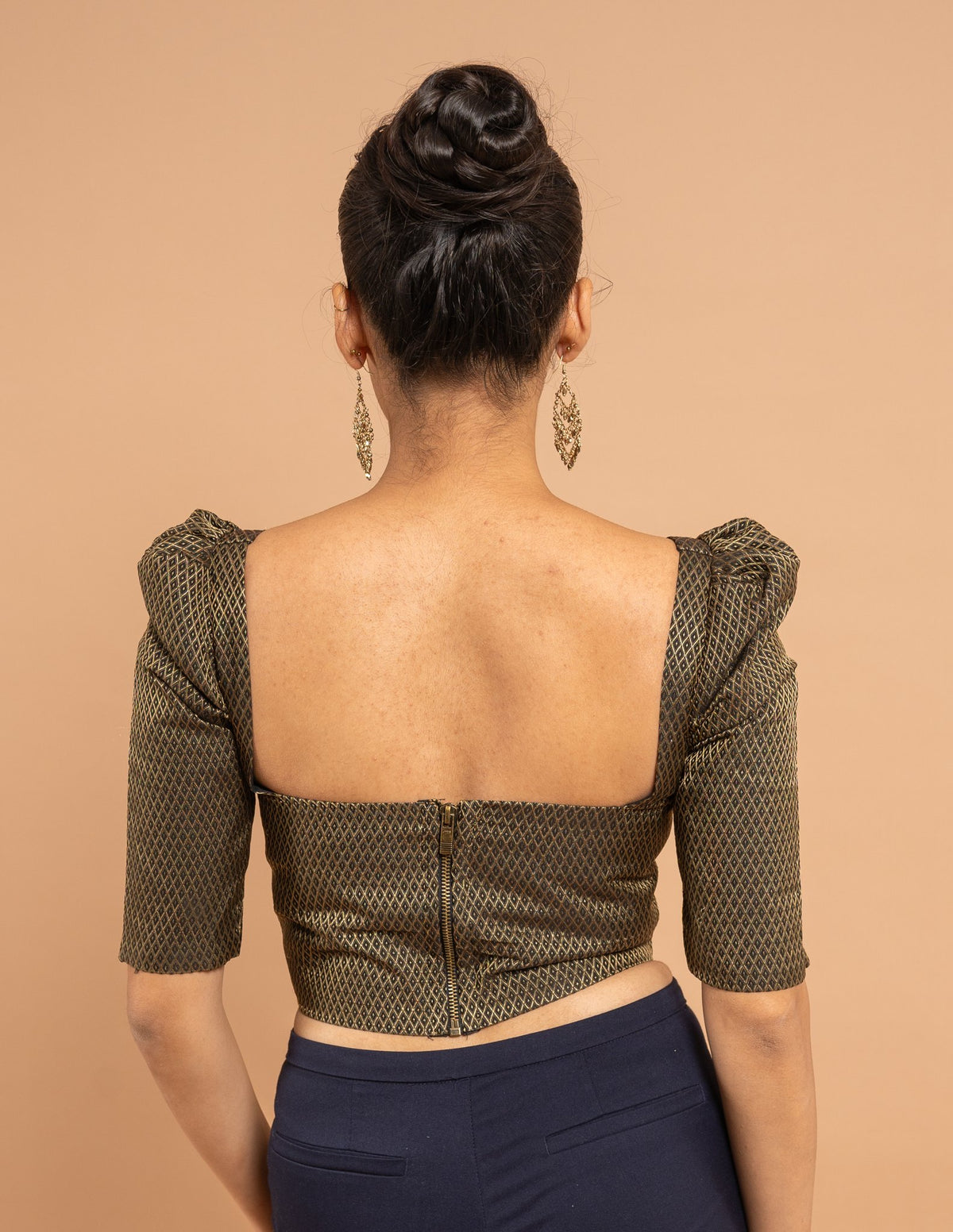Olive gold brocade puff-sleeve blouse – Silk