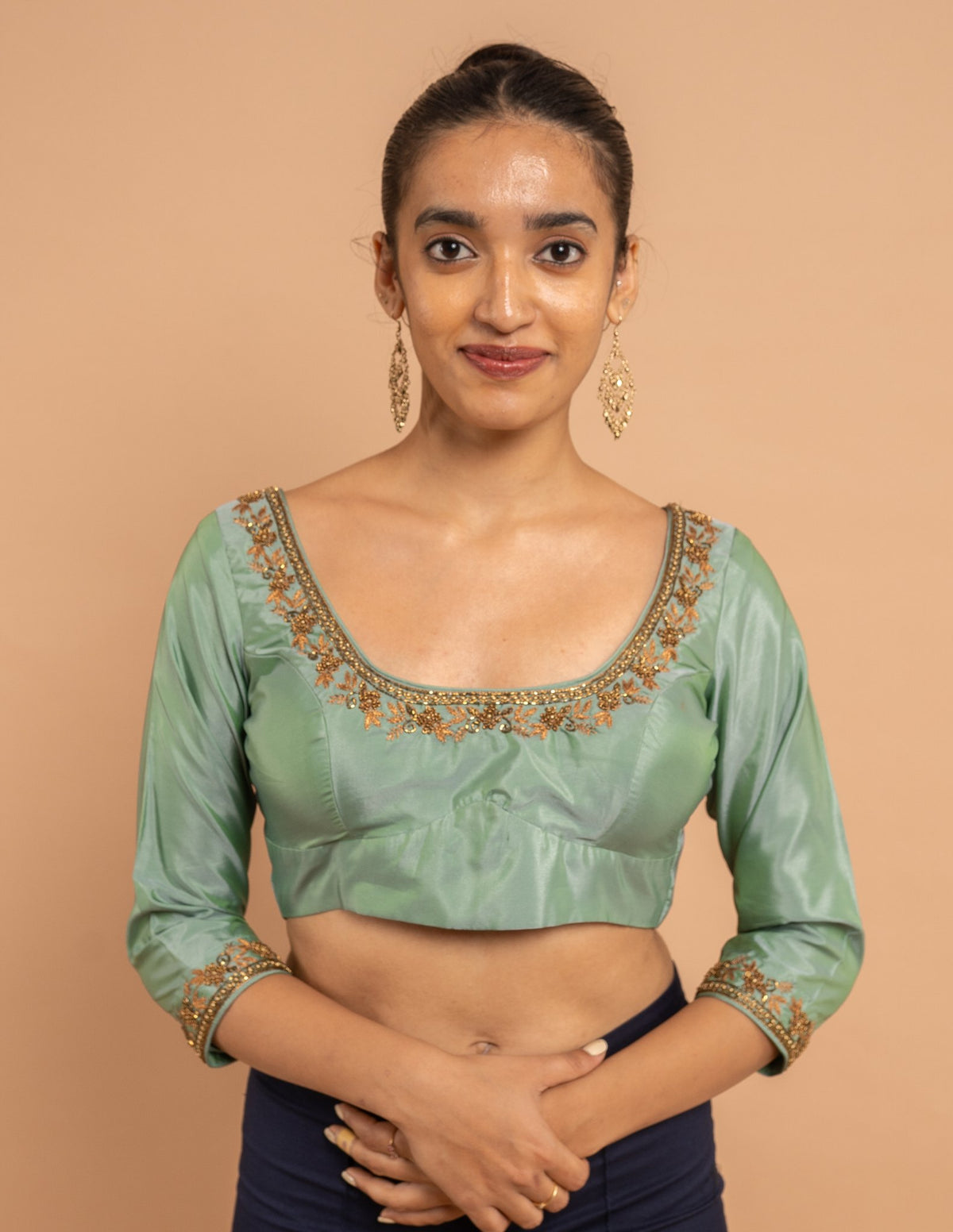 Sage green zardozi neckline blouse – Silk