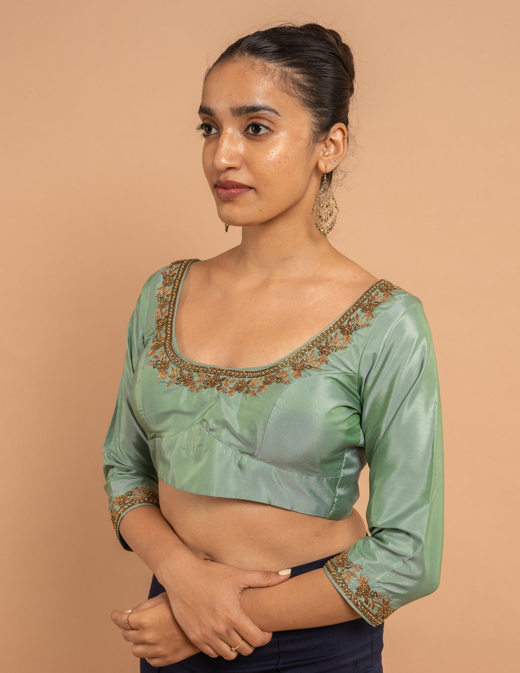 Sage green zardozi neckline blouse – Silk