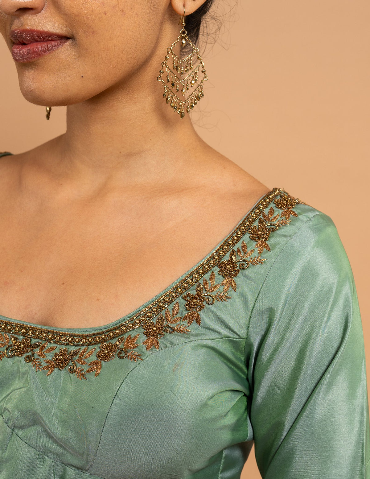 Sage green zardozi neckline blouse – Silk